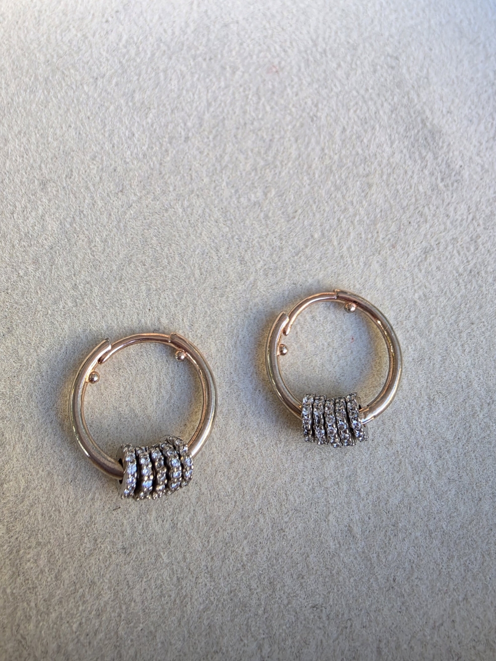 Rose-Tone Silver Hoop Earrings with Sparkling Dangle Accents